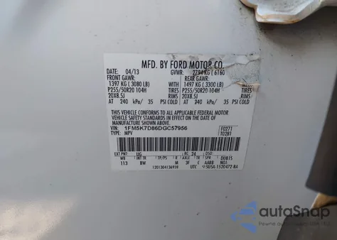 2013 Ford Explorer Xlt из США, поврежденный, VIN 1FM5K7D86DGC57956